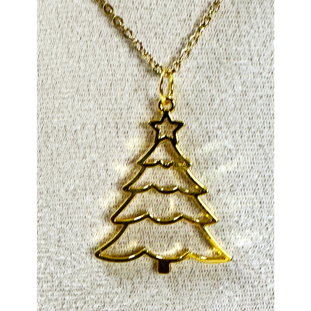 Gold Christmas Tree Pendant Necklace 24" Chain Holiday Xmas Jewelry New N448