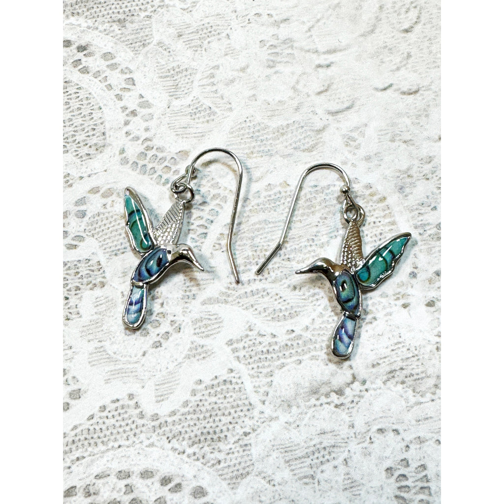 Silver Tone Turquoise Hummingbird Drop Earrings 2 Inch Dangle Bird E295