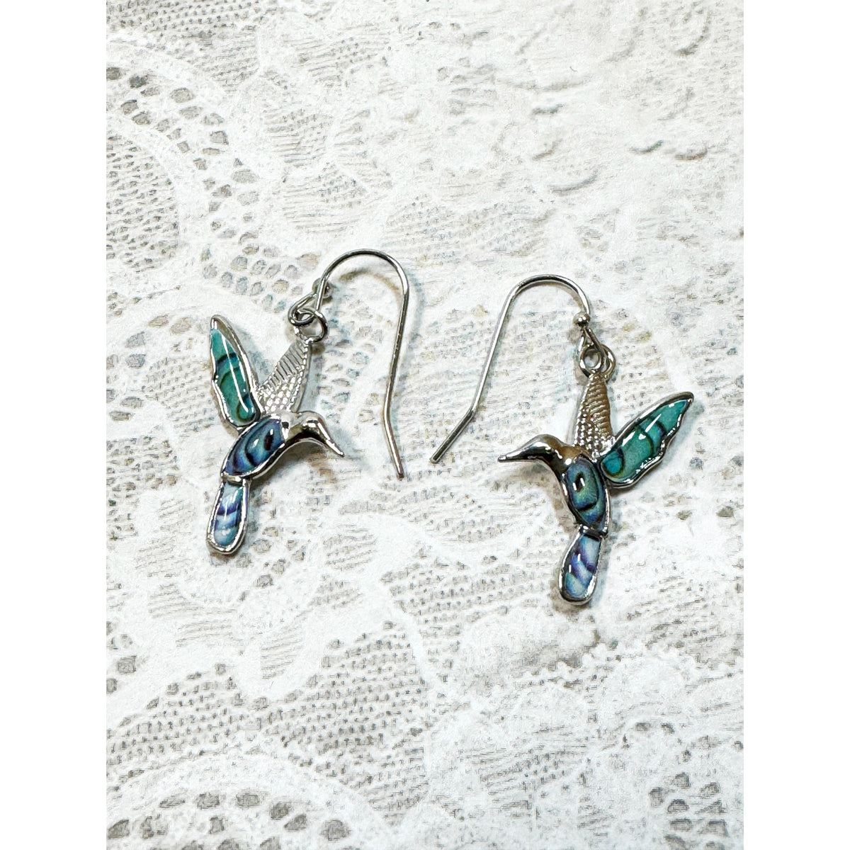 Silver Tone Turquoise Hummingbird Drop Earrings 2 Inch Dangle Bird E295