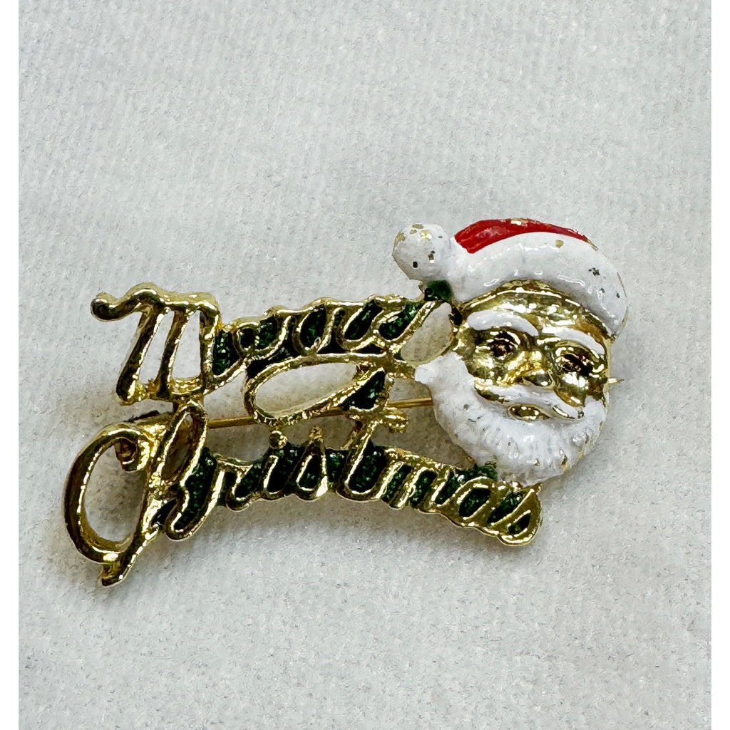Vintage Merry Christmas Santa Claus Pin Brooch Gold Tone Holiday 1.5" CP156