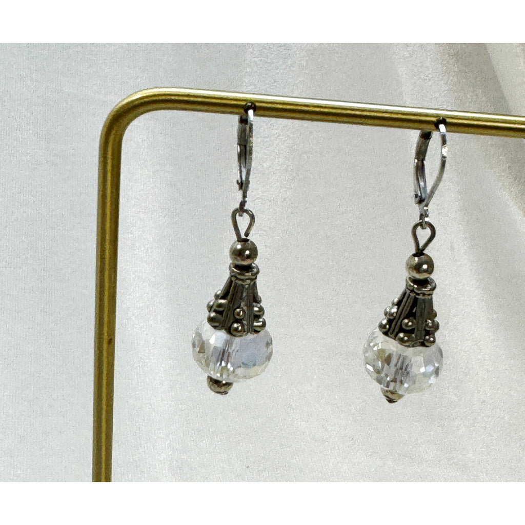 Crystal Bead Leverback Dangle Earrings Silver 1.5 Inch Pre-Loved E609