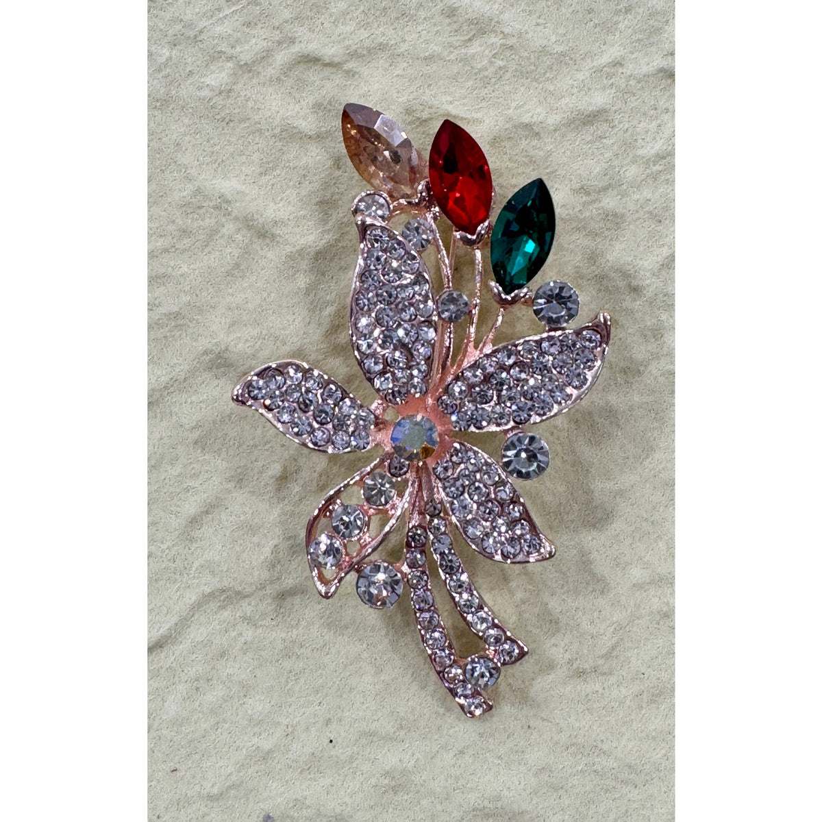 Vintage  Mid-Century Rhinestone Flower Leaf Brooch with Red Green Marquise CP27