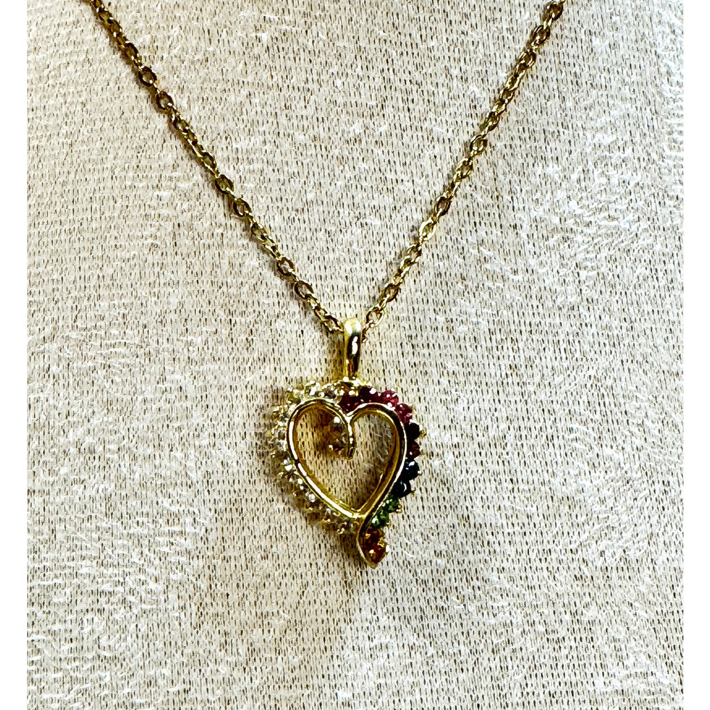 Vintage Heart Rhinestone Necklace Rainbow Crystal Pendant 18" Gold Chain N432