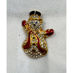 New Rhinestone Snowman Brooch Pin Gold Tone Red Enamel Christmas Holiday CP183