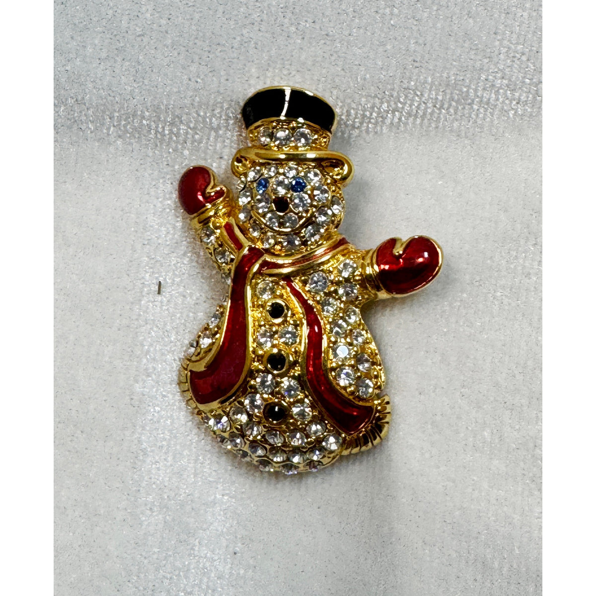 New Rhinestone Snowman Brooch Pin Gold Tone Red Enamel Christmas Holiday CP183