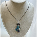 Silver Owl Pendant Necklace Blue Rhinestones Crystal Owl Necklace 2" N469