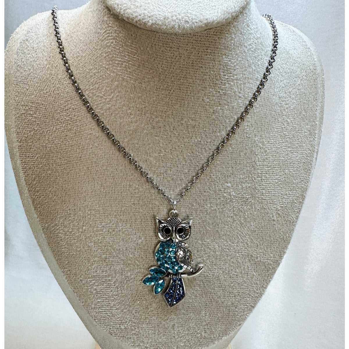 Silver Owl Pendant Necklace Blue Rhinestones Crystal Owl Necklace 2" N469