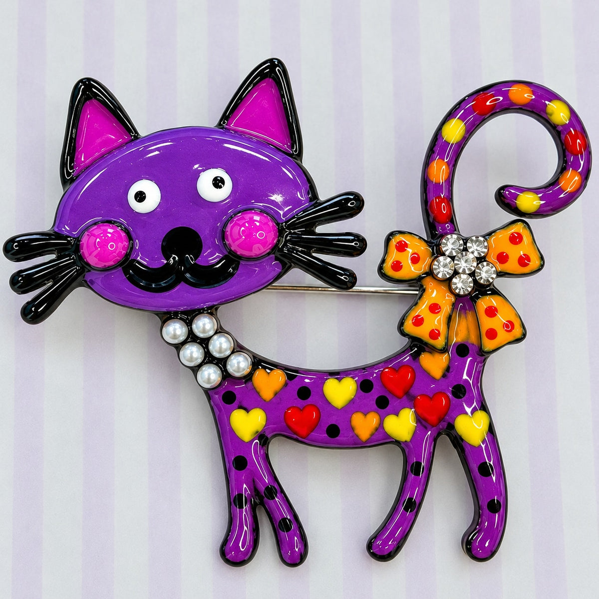 New Whimsical Purple & Multi-Color Enamel Cat Brooch Pin  Costume Jewelry CP166