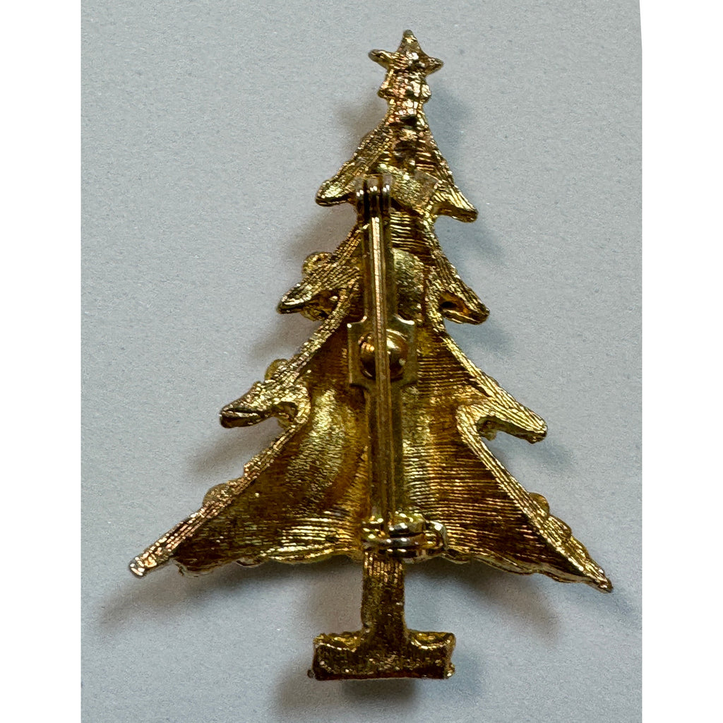 Vintage Gold Tone Rhinestone Christmas Tree Brooch Pin Holiday Jewelry 2" CP163
