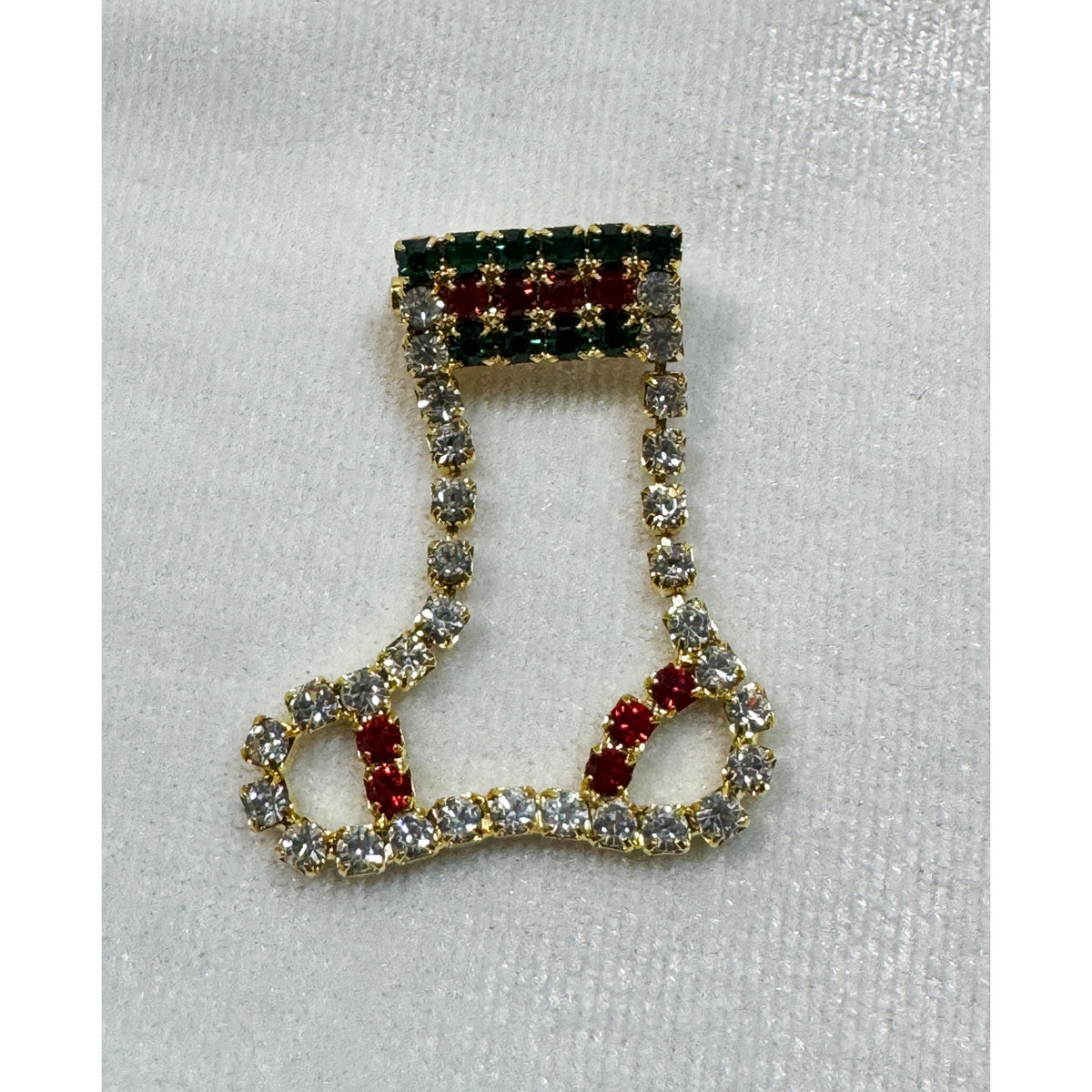 Vintage Rhinestone Christmas Stocking Brooch Pin Red Green Clear Holiday CP188