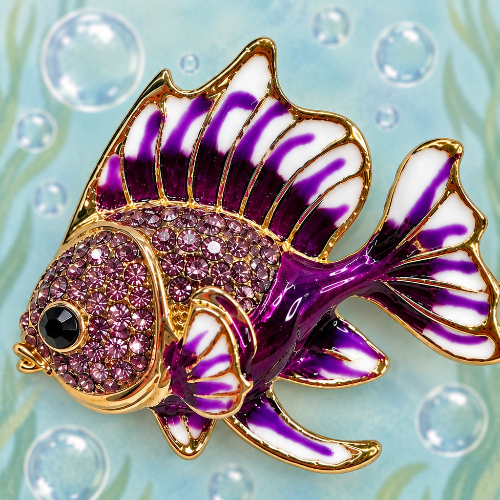 Purple Tropical Fish Brooch Pin Rhinestone Gold Tone Enamel Ocean Jewelry CP181