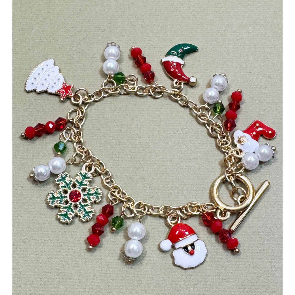 Christmas Charm Bracelet Gold Tone Santa Snowflake Tree Hat 7.5" B002