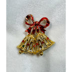 Vintage Christmas Bell Brooch Pin Red Bow Gold Tone Rhinestone Holiday CP194