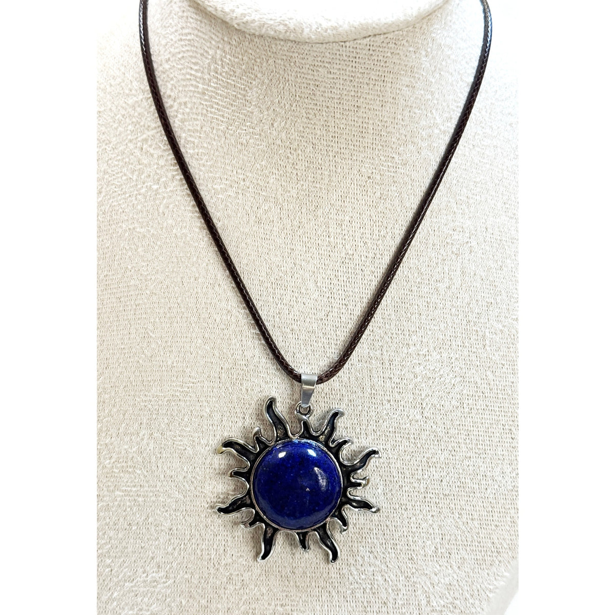 Dark Blue Stone Sun Pendant Necklace Silver Tone on 24" Black Cord 1.5" CP N532