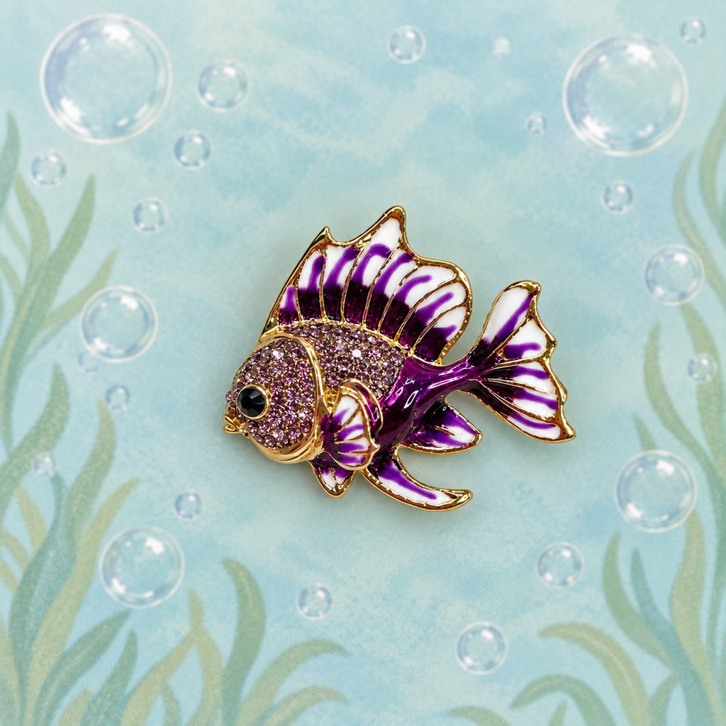 Purple Tropical Fish Brooch Pin Rhinestone Gold Tone Enamel Ocean Jewelry CP181