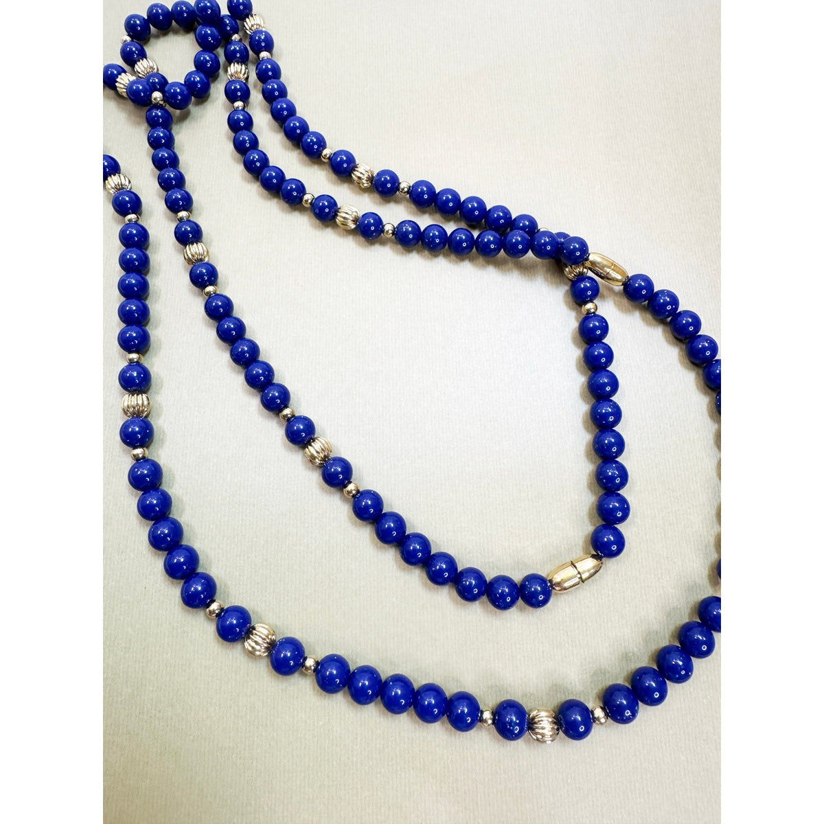 Vintage 44" Cobalt Blue 6mm Bead Necklace Long Strand Silver Tone N414