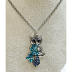 Silver Owl Pendant Necklace Blue Rhinestones Crystal Owl Necklace 2" N469