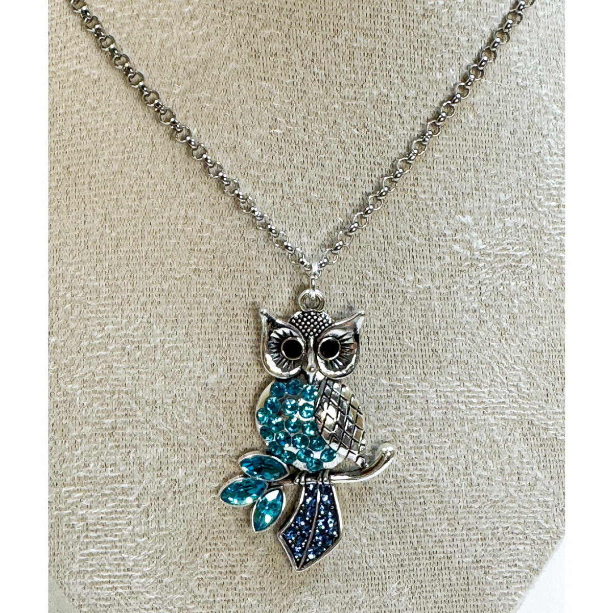 Silver Owl Pendant Necklace Blue Rhinestones Crystal Owl Necklace 2" N469