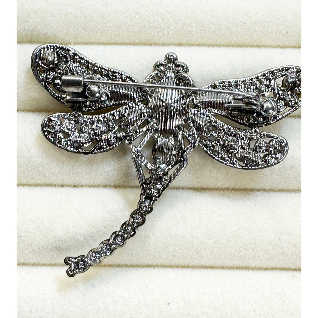 Black Rhinestone Dragonfly Brooch Pin Gunmetal Gray Crystal Insect 2" CP250