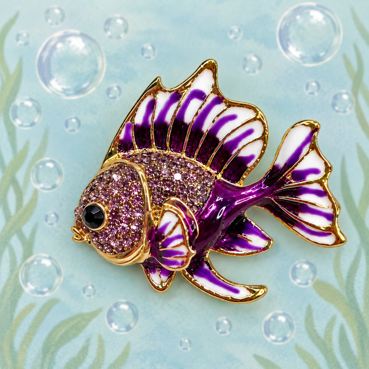 Purple Tropical Fish Brooch Pin Rhinestone Gold Tone Enamel Ocean Jewelry CP181