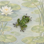 Green Rhinestone Frog Brooch Pin Silver Tone Lily Pad Nature Jewelry 2" CP183