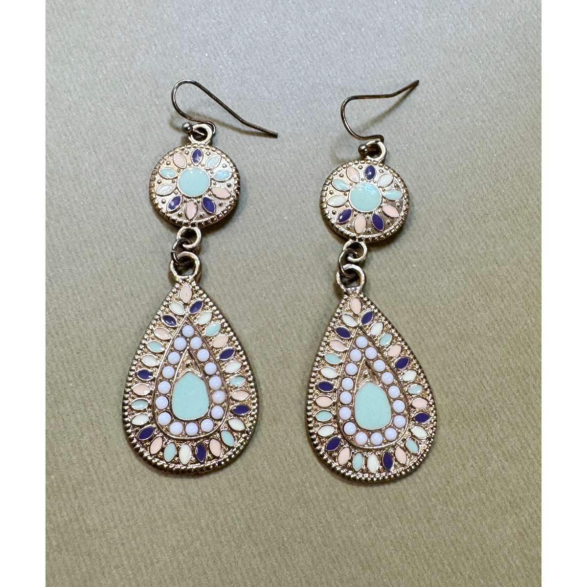 Vintage Enamel Teardrop Dangle Earrings Pastel Blue Pink Gold Boho 2.75" E506