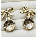 Christmas Ornament Bow Earrings Gold Tone Red Rhinestone Faux Pearl Posts 1.5"
