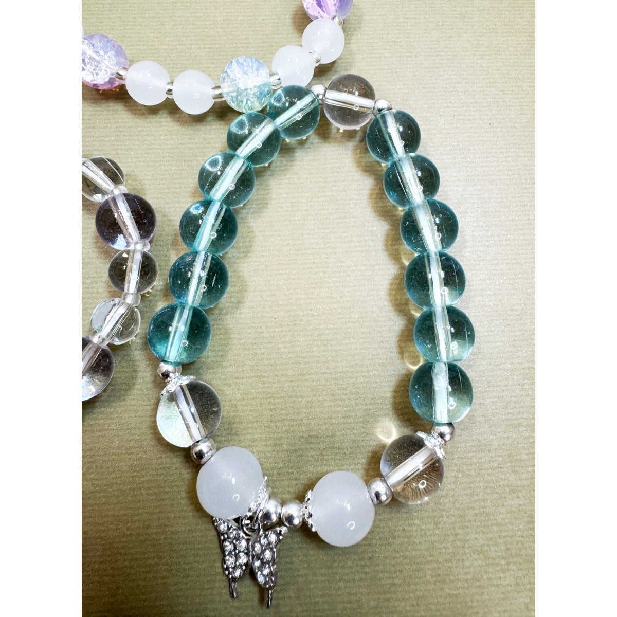 Set of 3 Stretch Bead Bracelets Butterfly Flower Star Charm Stack B120