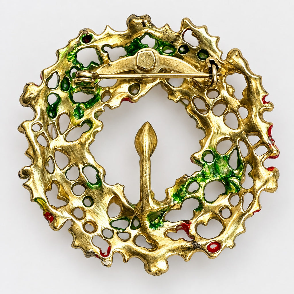 Vintage Holly Wreath Brooch Candle Green Enamel Christmas Gold Tone Pin CP262
