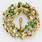 Vintage Holly Wreath Brooch Candle Green Enamel Christmas Gold Tone Pin CP262