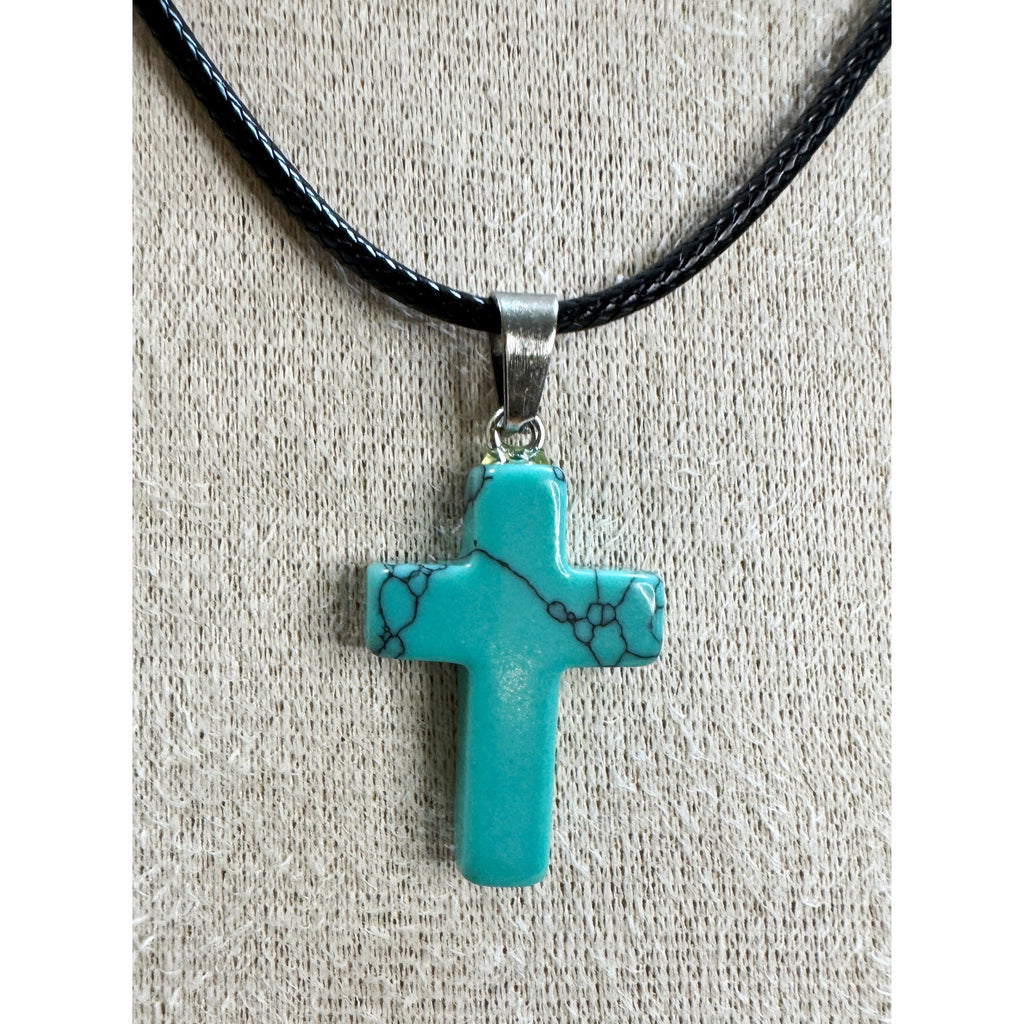 FauxTurquoise Cross Pendant Necklace 24" Black Cord Christian Gift Boho N530