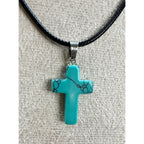 FauxTurquoise Cross Pendant Necklace 24" Black Cord Christian Gift Boho N530