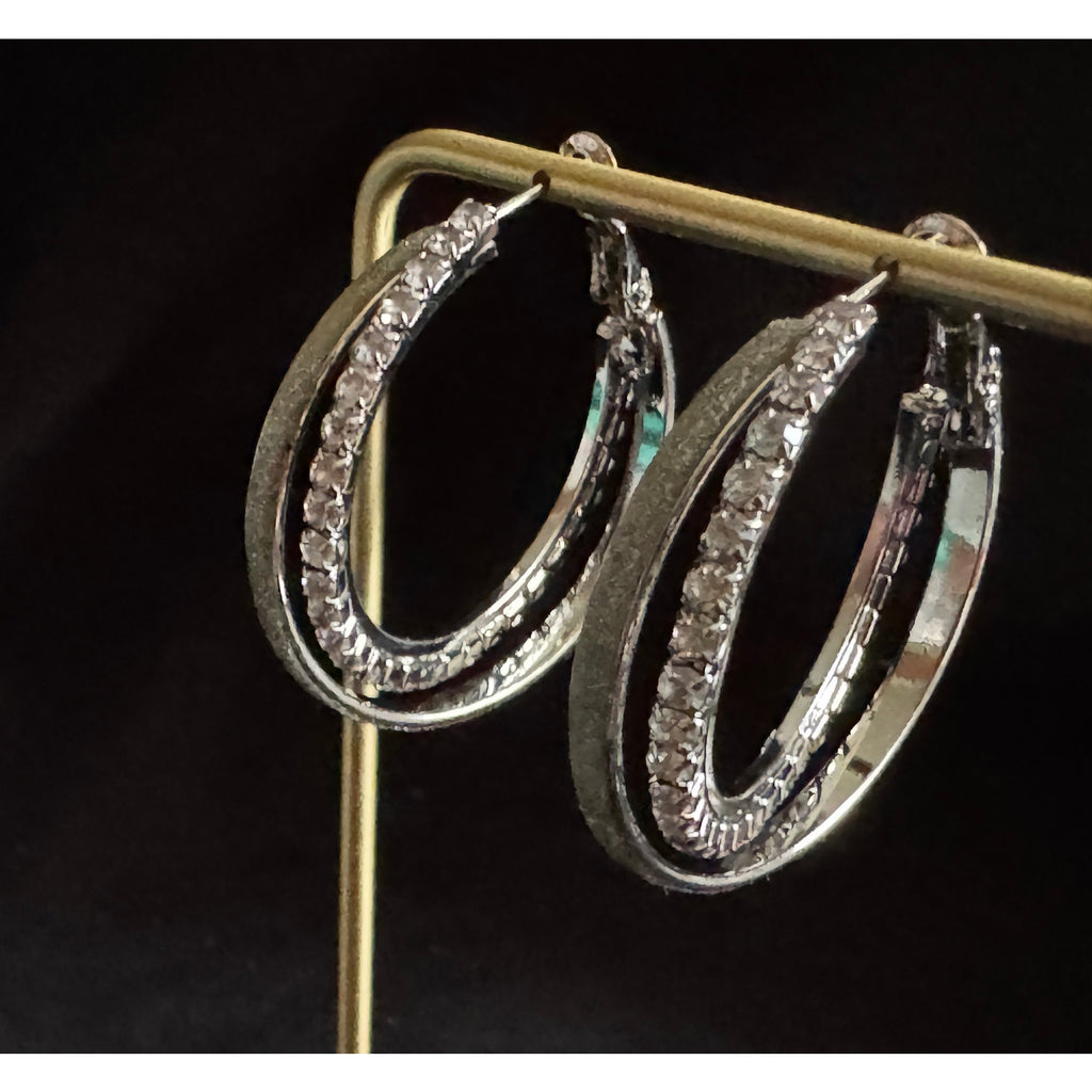 Vintage 1.25" Silver Tone and Rhinestone Double Hoop Earrings E108