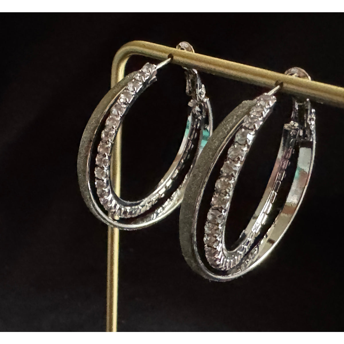 Vintage 1.25" Silver Tone and Rhinestone Double Hoop Earrings E108
