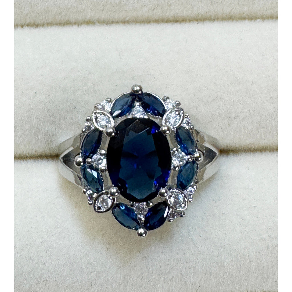 Size 7 New Blue Sapphire Color Ring Silver Oval Cocktail Statement Ring R003