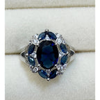 Size 7 New Blue Sapphire Color Ring Silver Oval Cocktail Statement Ring R003