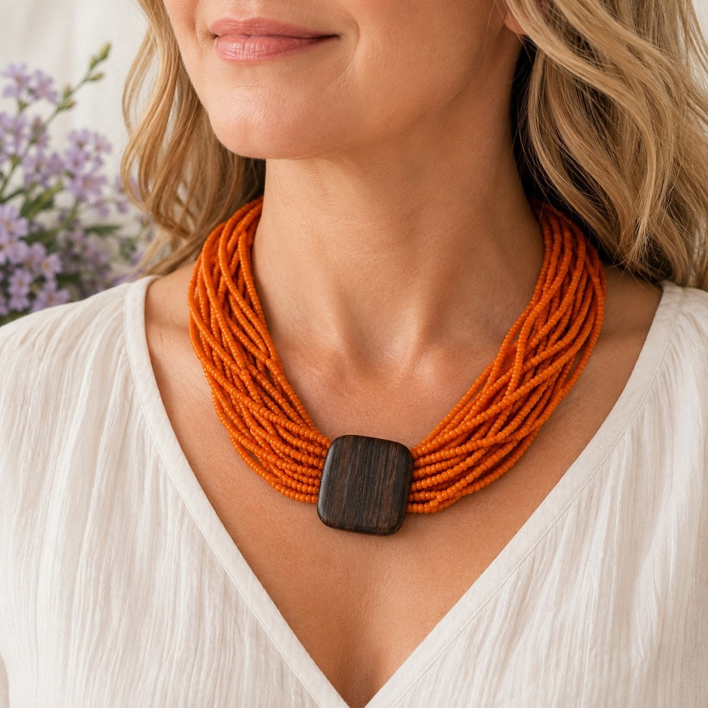 Orange Multi Strand Beaded Necklace Wood Accent 30 Inch Statement N644