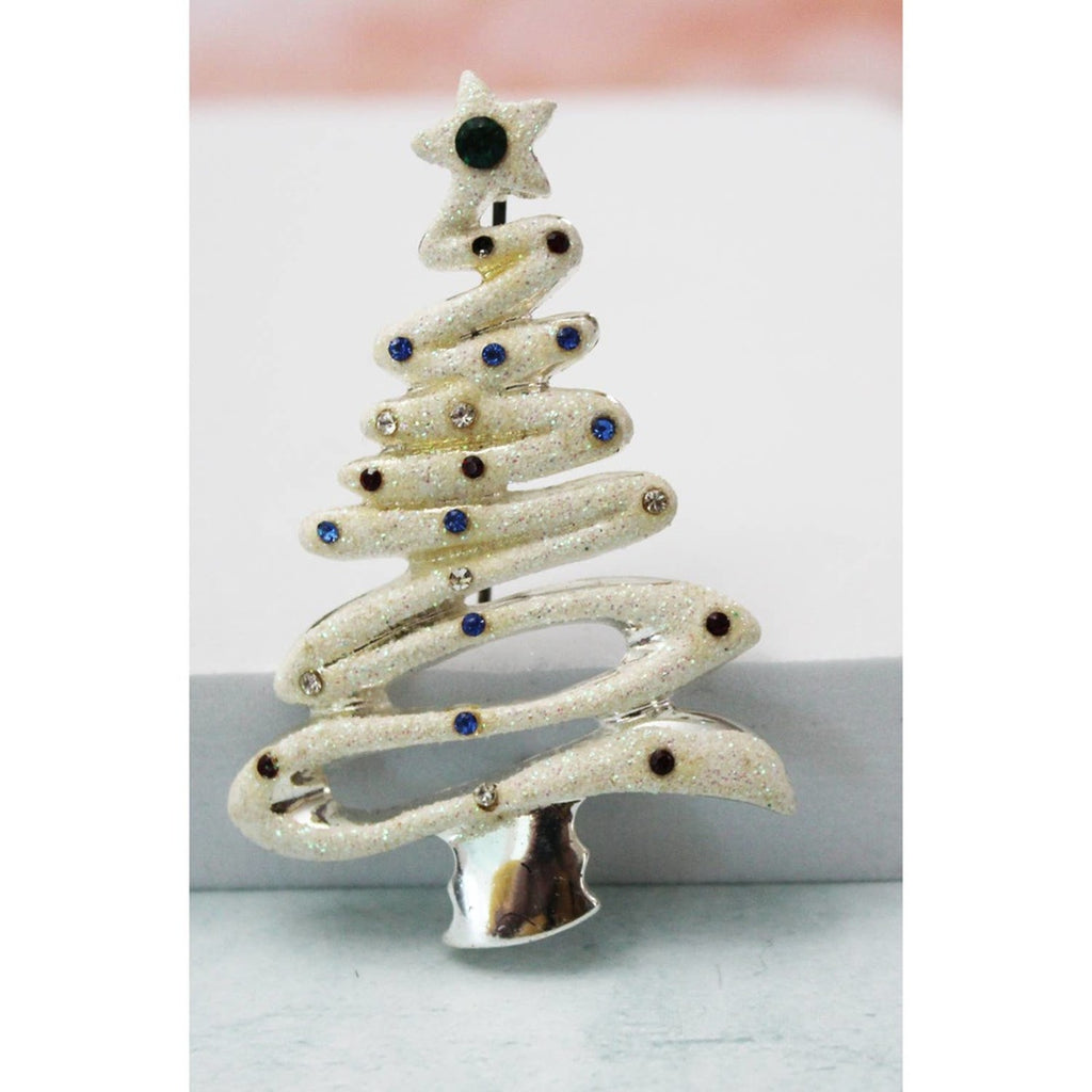 White Glitter and Rhinestones Make This Tree Brooch Look Like Frosting CP77
