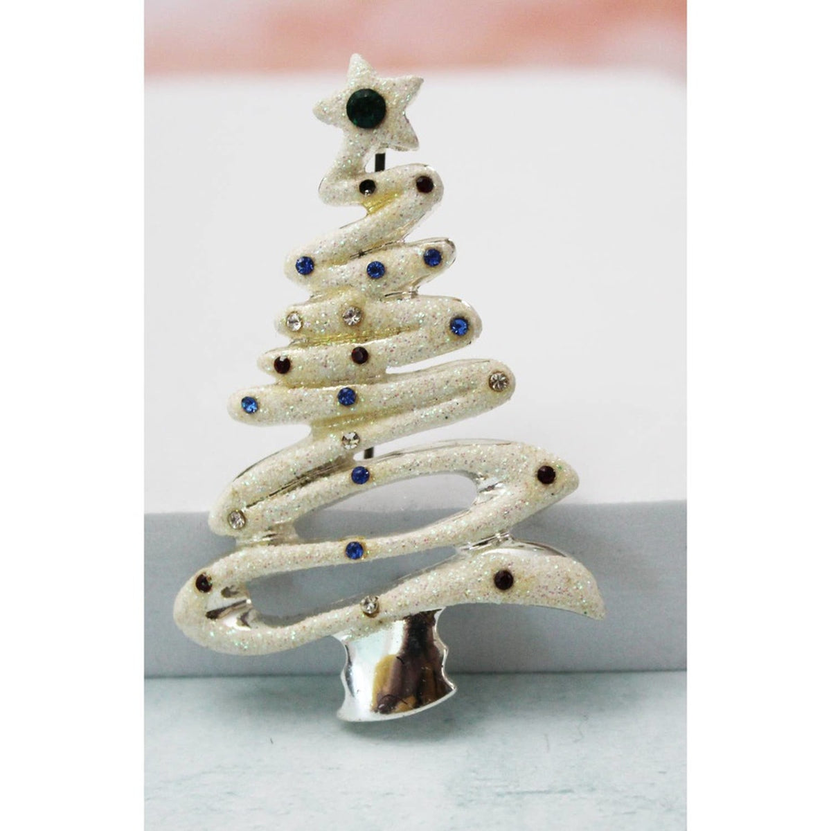 White Glitter and Rhinestones Make This Tree Brooch Look Like Frosting CP77