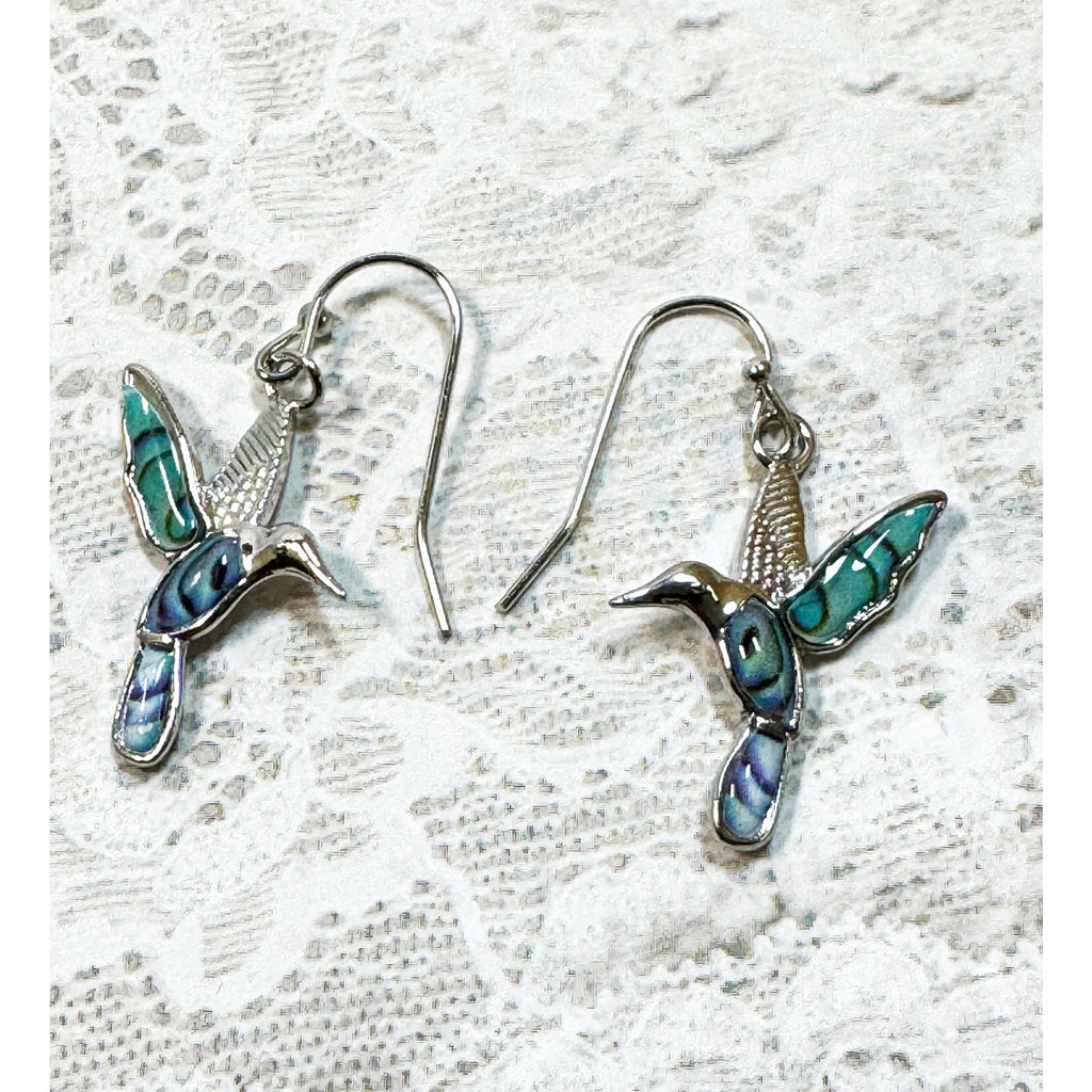 Silver Tone Turquoise Hummingbird Drop Earrings 2 Inch Dangle Bird E295