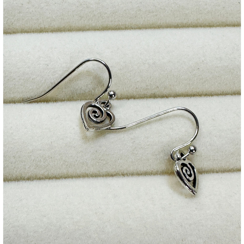 Tiny Silver Heart Dangle Hook Earrings Swirl Open Heart 3/4 Inch Minimalist E482