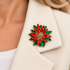 Christmas Poinsettia Brooch Red Green Enamel Gold Tone Holiday Pin CP269