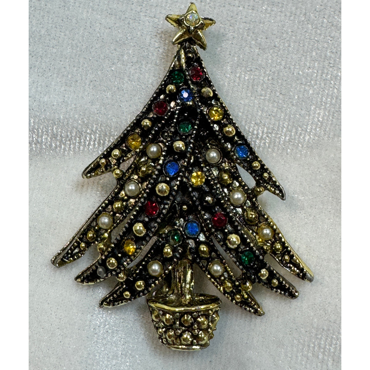 Vintage Christmas Tree Brooch Pin Rhinestones Pearls Holiday Jewelry 2.5" CP179