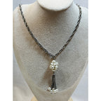 Vintage Faux Pearl Tassel Necklace Silver Tone 22" Chain Statement  N142