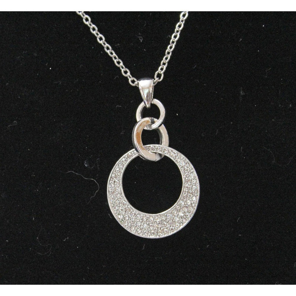 Vintage Silver Tone Necklace with a Sparkly Clear Rhinestone Circle Pendant N62