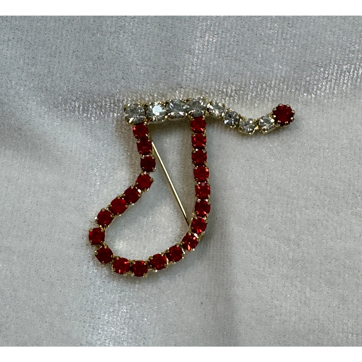 Vintage Christmas Stocking Pin Red Clear Rhinestone Holiday Brooch 1.5" CP177