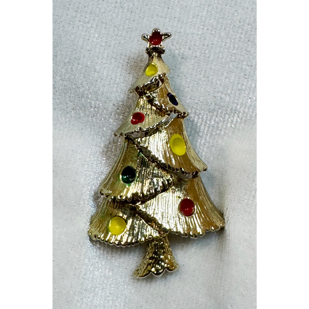 Vintage Christmas Tree Brooch Pin Gold Tone Enamel Holiday Jewelry 2 Inch CP191
