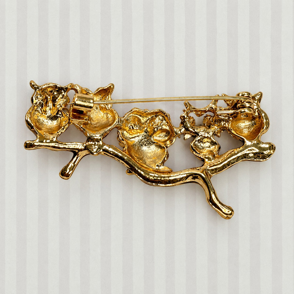 Colorful Owl Brooch Pin 5 Owls on Branch Rhinestone Gold Tone Jewelry CP167