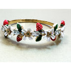 Gold Tone Strawberry & Daisy Hinged Bangle Bracelet Rhinestone Floral B145