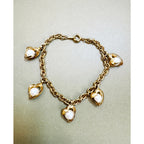 Vintage Gold Tone Faux Pearl Heart Charm Bracelet 7.25" Dangle Hearts B098